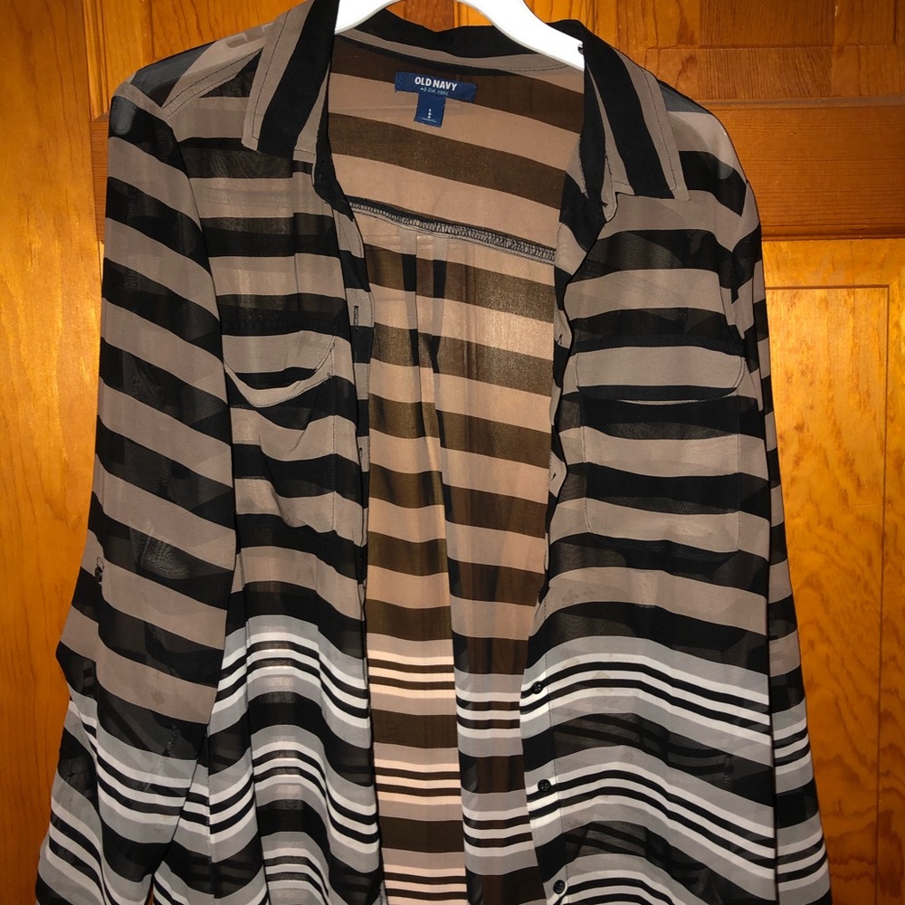 Blouse, button down, stripes, sheer